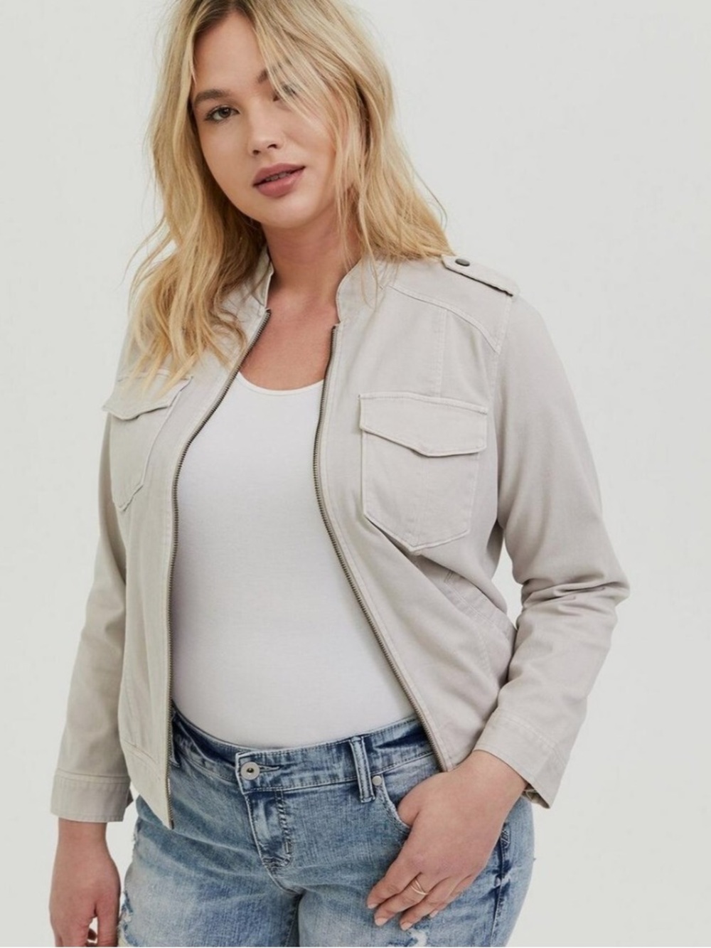 torrid Light Beige-Gray Twill Bomber Jacket